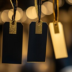 Elegant black and gold price tags hanging in soft lighting