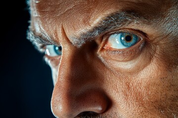 Poster - Hyper-realistic close-up of a suspectâ€™s face with intense shadows and fine details capturing nervousness and unease, symbolizing authenticity and suspense