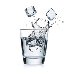 Poster - One glass of water with splash from falling ice cube white background isolated object
