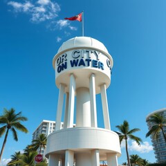 Hallandale beach usa - july 18 2021: sign for city on water tower in north miami florida on a1a collins avenue street road sunny day blue sky Condominium  