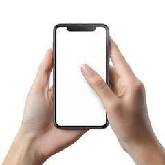 Poster - Hand holding mobile phone finger clicking on blank screen mock up tapping ok on display isolated on white background