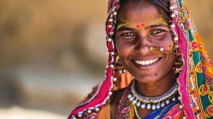 Wall Mural - Woman wearing traditional jewelry in India with a serene smile