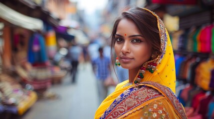 Wall Mural - Woman in traditional Indian attire posing on vibrant market street