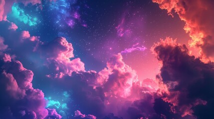 Fototapete - A blend of neon colors shines through scattered clouds, creating a mesmerizing and surreal visual effect in the night sky. Close-up photo with clean background