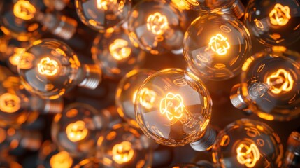 Fototapete - A dazzling collection of bright light bulbs in an intricate pattern, showcasing different shapes and sizes of bulbs. Close-up photo with clean background