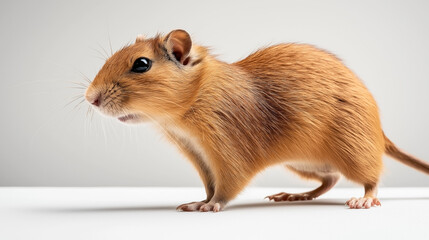 Wall Mural - close-up image of a small, brown gerbil standing on a white surface with a gray background, showing 