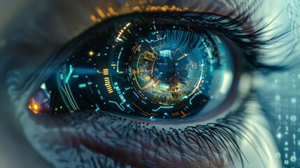 Aufkleber - Close-up of a high-tech cybernetic eye featuring advanced optics and digital interfaces, with a clean, neutral backdrop