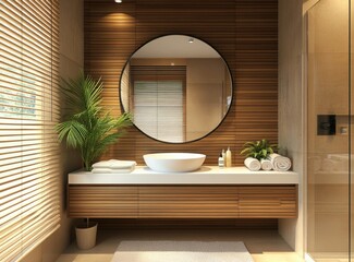 Wall Mural - A bathroom with a large mirror and a white sink. A potted plant is on the counter