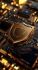 Poster - Golden shield logo on circuit board with glowing elements