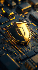 Poster - golden shield logo on circuit board symbolizes security and protection