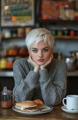 Attractive punk woman with short white hair sitting at counter