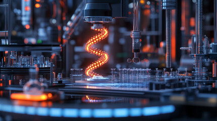 Poster - close up view of illuminated DNA helix in futuristic lab, showcasing advanced technology and scientific equipment. vibrant colors create captivating atmosphere