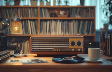 Vintage Radio and Old Microphone with Coffee Mug on Desk