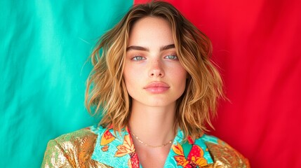 Captivating portrait of a young woman with vibrant hair and colorful background showcasing unique beauty and style aesthetic