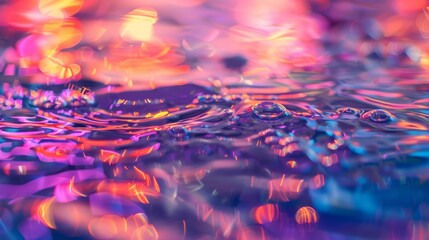 Fototapete - Detailed close-up of water on a vibrant, neon-colored background, showing intricate patterns and reflections