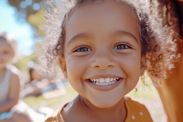 Close-up of smiling child in park with natural sunlight