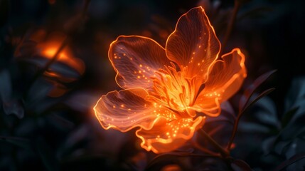 Poster - electric orange neon flower illuminated in the night close-up photo with clean background