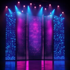 LED video walls and TV screens with light effects for stage settings. LCD video panels and displays with blue and pink pixel dots for a show studio or stadium scene, in a vector realistic style