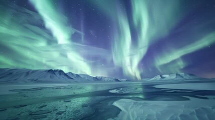 enchanting northern lights filling the night sky with vibrant green and violet ribbons, casting a so