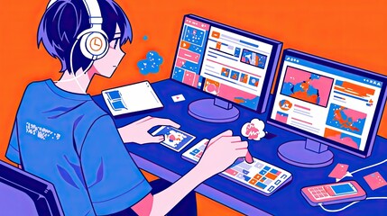 Poster - Anime Character Using Technology with Multiple Screens and a Phone