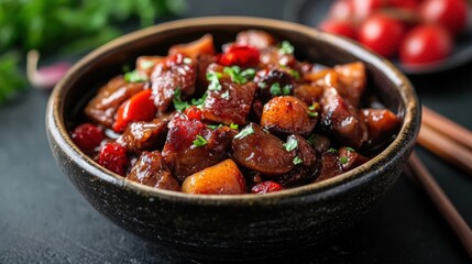 Delicious stir-fried chicken with vegetables served in a rustic bowl