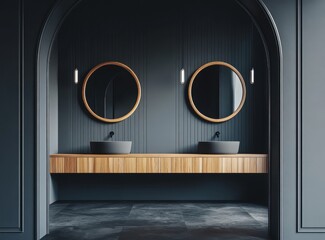 A bathroom with two sinks and two mirrors. The mirrors are round and wooden. The sinks are black and the counter is made of wood