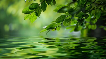 Poster - Green leaves on still water with reflections Close-up photo with clean background