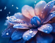 © 100ME - 透明な水滴が鮮やかな花びらにそっと乗っているクローズアップ　水滴は朝の柔らかな陽光を反射し、花びらの繊細な葉脈や周囲の露を捉えている