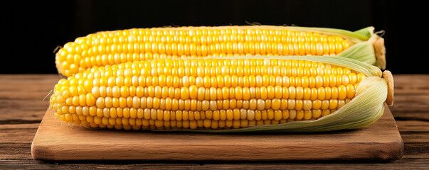 Wall Mural - Fresh corn cobs on wooden cutting board, vibrant yellow kernels, natural texture, healthy eating, nutritious food concept