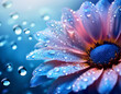© 100ME - 透明な水滴が鮮やかな花びらにそっと乗っているクローズアップ　水滴は朝の柔らかな陽光を反射し、花びらの繊細な葉脈や周囲の露を捉えている