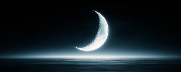 Wall Mural - Crescent Moon Reflection Over Calm Ocean at Night, Illuminated Horizon and Serene Waters, Celestial Tranquility Concept