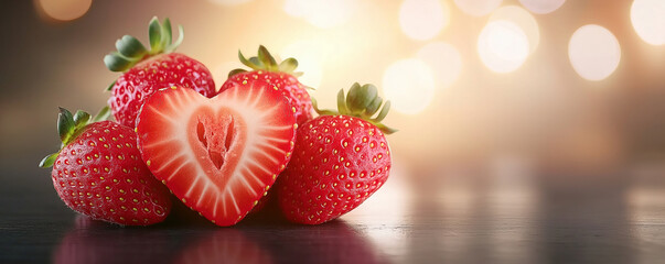 Wall Mural - Fresh strawberries with heart-shaped slice, glowing bokeh background, wood surface, vibrant colors, healthy fruit concept