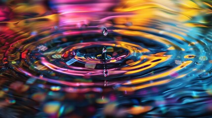 Poster - Macro photo of water ripples on a surface with dynamic, vibrant colors reflecting an energetic and vivid scene