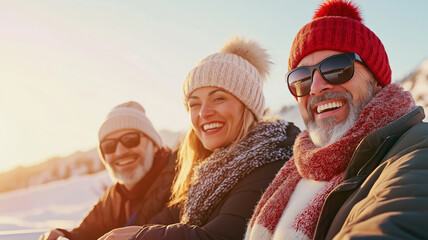 Friends in winter attire smiling and having fun at a mountain resort on a sunny winter day