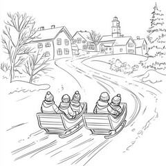 Wall Mural - Children sleigh riding down a hill, coloring page for kids, simple outline illustration. Coloring book, simple lines.