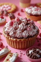 Wall Mural - Decadent dessert featuring rich chocolate tart topped with whipped cream, raspberries, and chocolate shavings, set against vibrant pink background