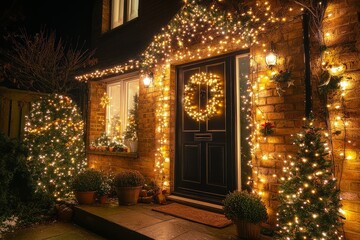 Wall Mural - Festively decorated house with Christmas lights and decorations in the UK, showcasing holiday spirit and vibrant colors.