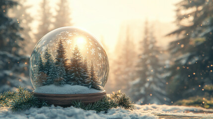 Canvas Print - Clear Christmas Globe Resting On A Wooden Table, Showcasing A Serene Landscape With Tiny Pine Trees And Snowflakes Inside.