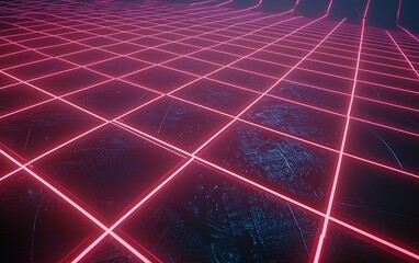 Poster - Futuristic neon grid landscape with glowing lines on a dark background creating a surreal digital environment at night