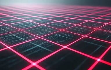 Poster - A close-up view of a futuristic grid pattern illuminated by vibrant red lights at an abstract digital art exhibition