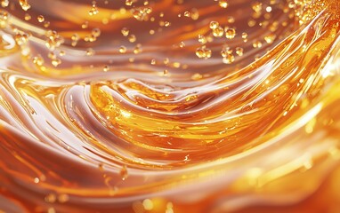 Poster - Golden liquid swirls with bubbles in a vibrant abstract composition reflecting light and texture in an artistic manner