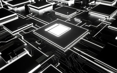 Poster - High-tech close-up of a black and white circuit board with illuminated patterns showcasing advanced electronics and connection pathways