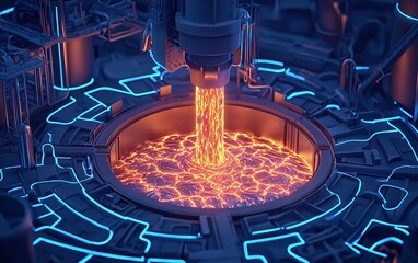 Poster - High-tech metal processing with molten lava-like material pouring from a futuristic machine in a dynamic workshop setting