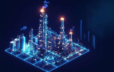 Poster - A vibrant, illuminated petrochemical plant at night showcasing smoke and flames against a dark background