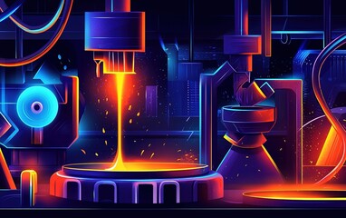 Poster - Vibrant industrial scene depicting molten metal pouring from a furnace in a neon-lit manufacturing facility at night