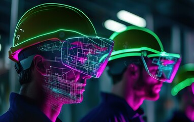 Poster - Workers wearing high-tech augmented reality helmets in a modern industrial facility during a training session