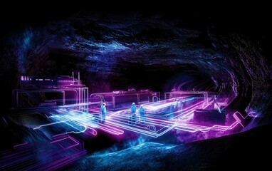 Poster - Exploring a futuristic underground facility with neon lights and advanced technology at nighttime