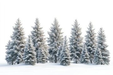 Wall Mural - Group of frosty spruce trees in snow isolated on white