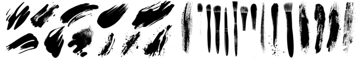 Poster - set of ink splatters, paint brush strokes, modern black grunge stain, graffiti texture liquid splash
