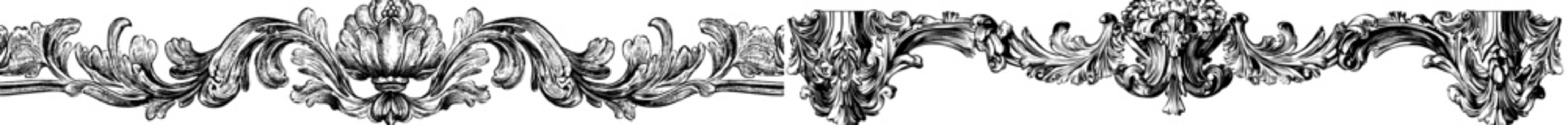 Collection black floral decorative element. Damask graphic ornament. Classic swirls floral motifs. Vintage style calligraphic divider set.